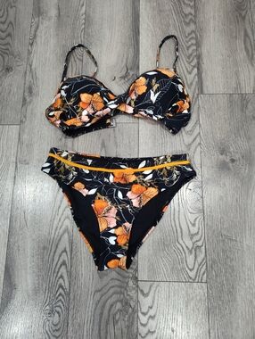 Floral Two-Piece Bikini Set in Black and Orange
